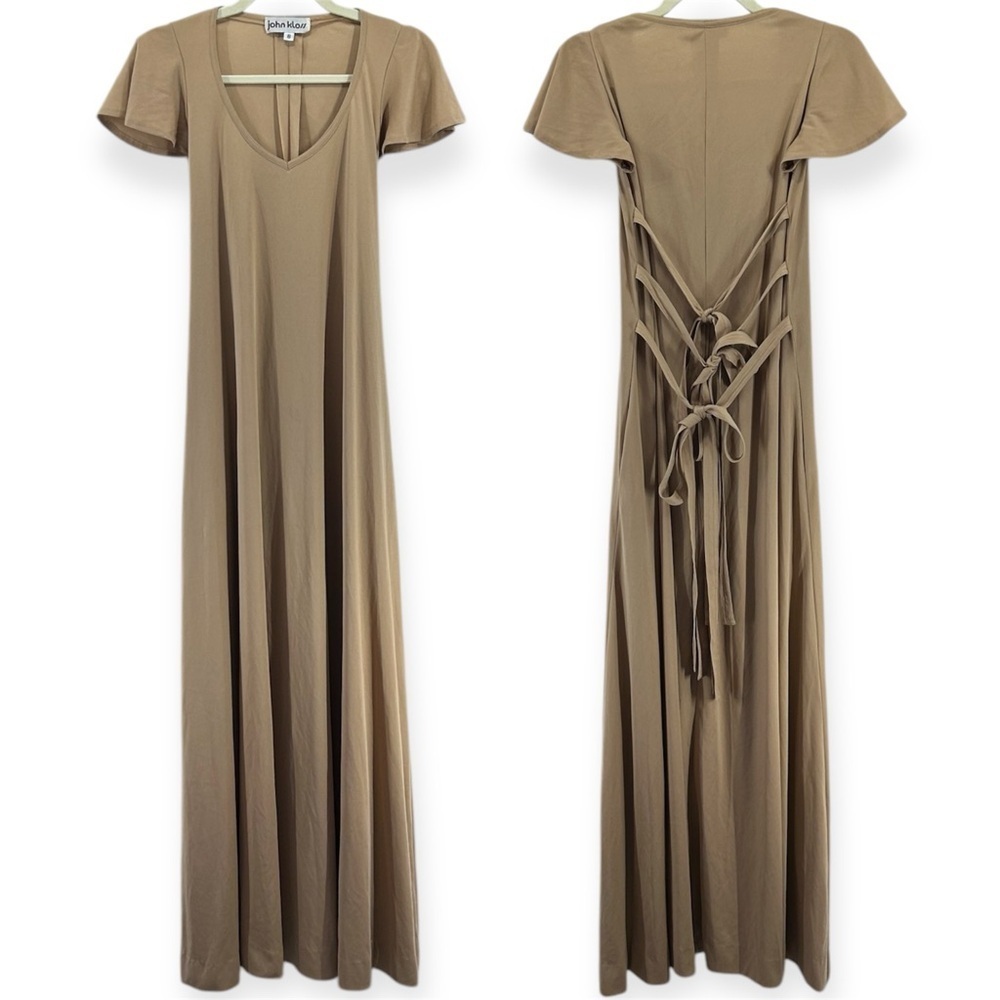 Vintage John Kloss Tan Short Sleeve V-Neck Tie Waist Maxi Dress Size 8